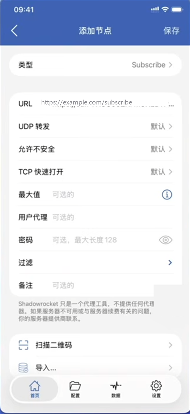 Shadowrocket 小火箭客户端添加节点界面示意